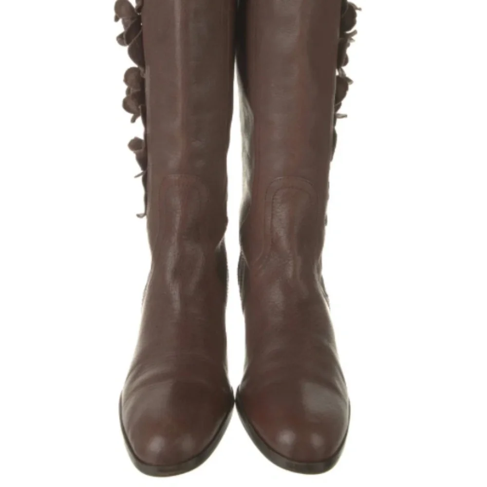 Valentino Garavani brown leather floral appliqué riding knee-high boots size 38.